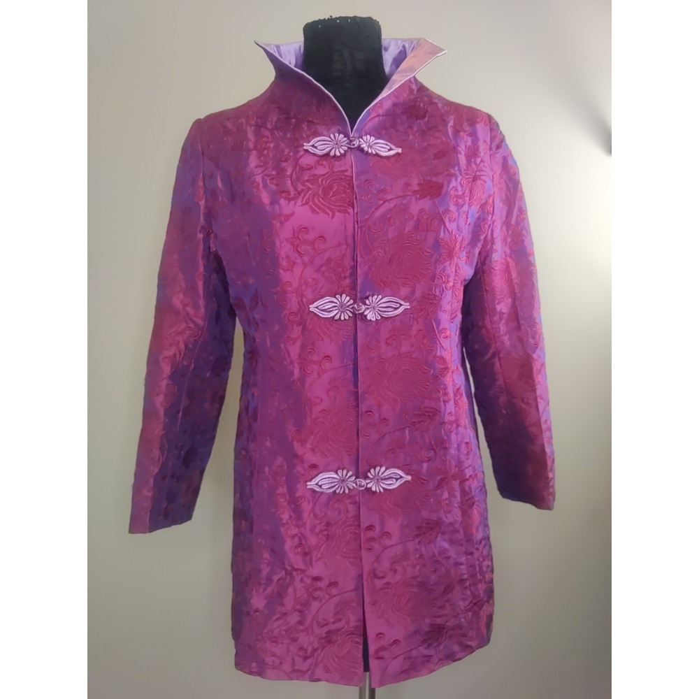 Oriental Styled Brocade Maroon Longsleeve Mid Long Traditional Blazer Size Xl